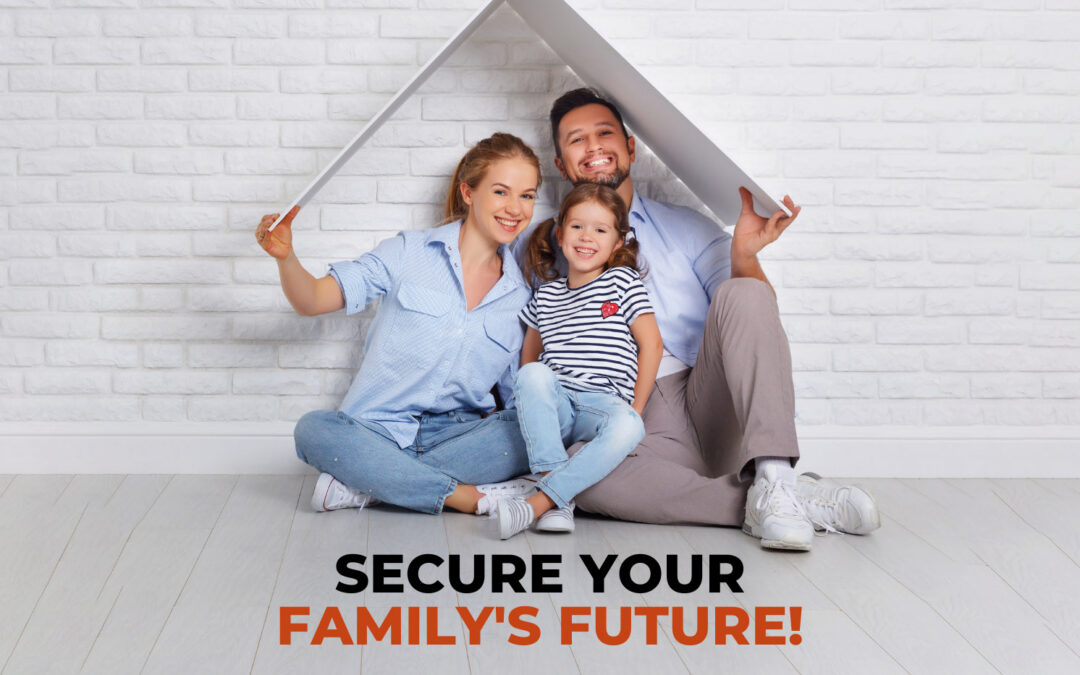 warm, staged family scene set against a clean, modern backdrop. Three people — two adults and a child — sit on a pale wood floor in front of a white brick wall.