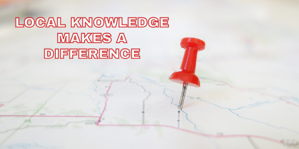 Red pushpin on a map with text "Local Knowledge Makes a Difference."